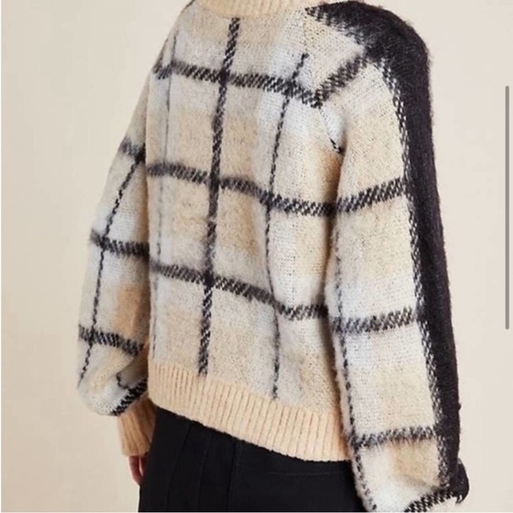 Anthropologie Moth Sweater Tan Black Window Pane Plaid Crewneck Sz S - Picture 3 of 13